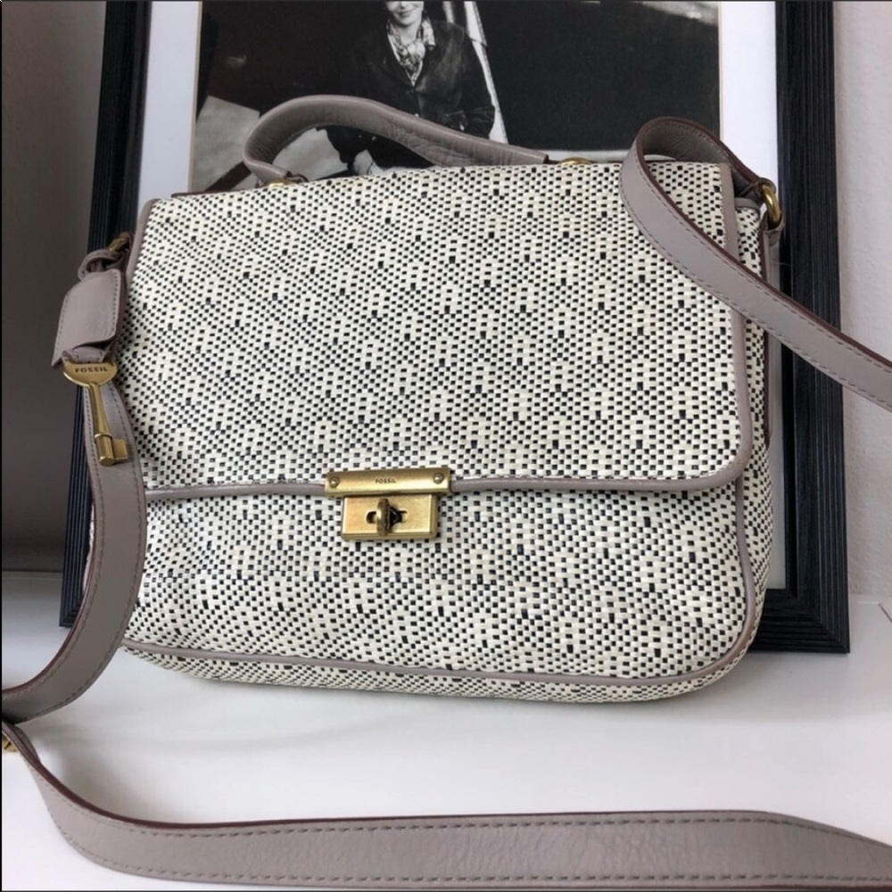Fossil Leather Taupe/Cream Messenger Satchel Bag